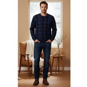 Perry Ellis Men's Large Blue Plaid Crewneck Sweater